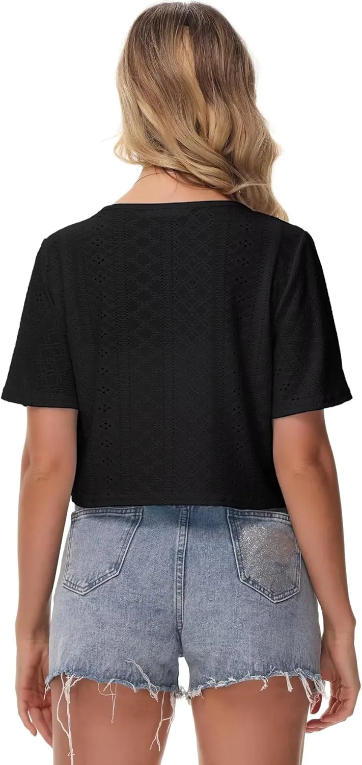 Womens Short Sleeve Shrug Knit Eyelet Embroidery Open Front Cropped Bolero Cardigan Shrugs for Dresses Lightweight