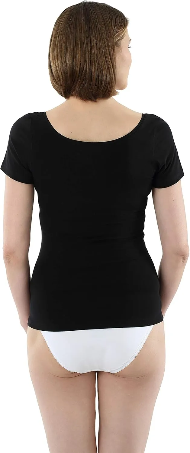 Women's Short Sleeve Undershirt with deep Scoop Neck Stretch Cotton Black