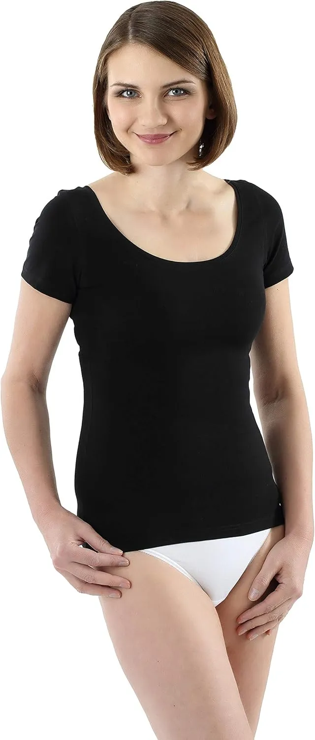 Women's Short Sleeve Undershirt with deep Scoop Neck Stretch Cotton Black