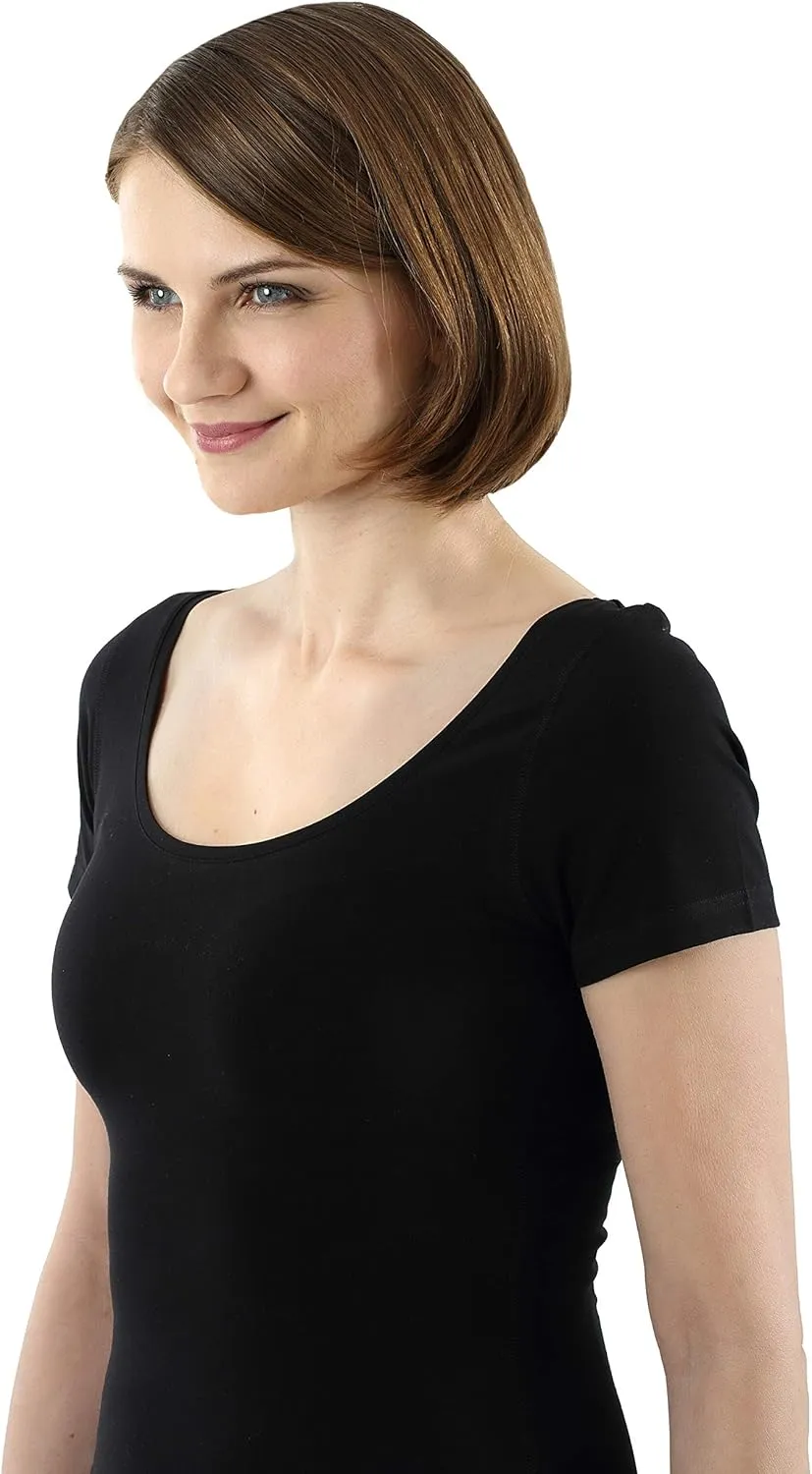 Women's Short Sleeve Undershirt with deep Scoop Neck Stretch Cotton Black