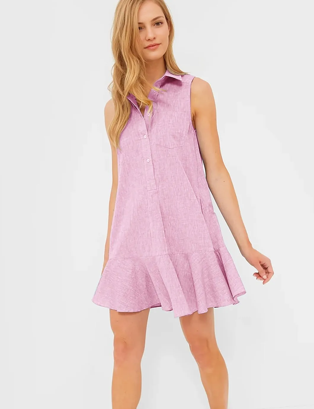 Women's Sleeveless Shirt Dress Summer Collared Button Down Ruffle Hem Tank Mini Dress