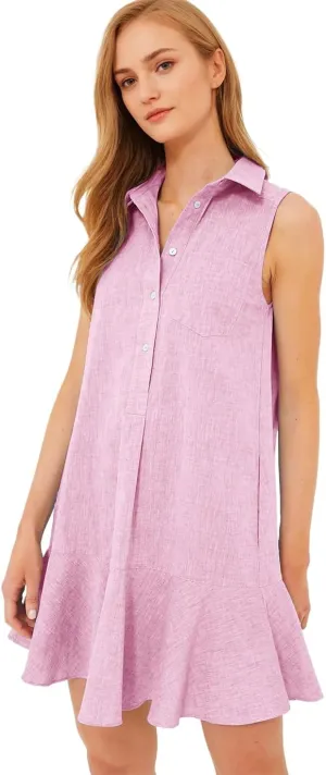 Women's Sleeveless Shirt Dress Summer Collared Button Down Ruffle Hem Tank Mini Dress