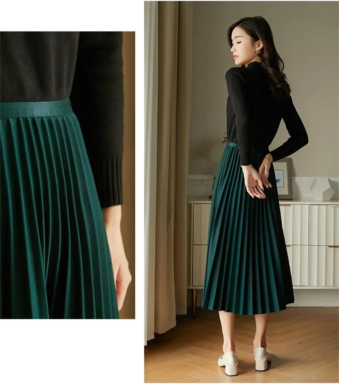 Women's Solid Vintage Pleated Skirt Elastic High Waist A-LINE Office Work Midi Long Skirt