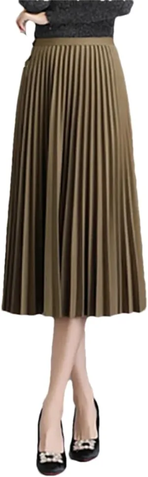 Women's Solid Vintage Pleated Skirt Elastic High Waist A-LINE Office Work Midi Long Skirt
