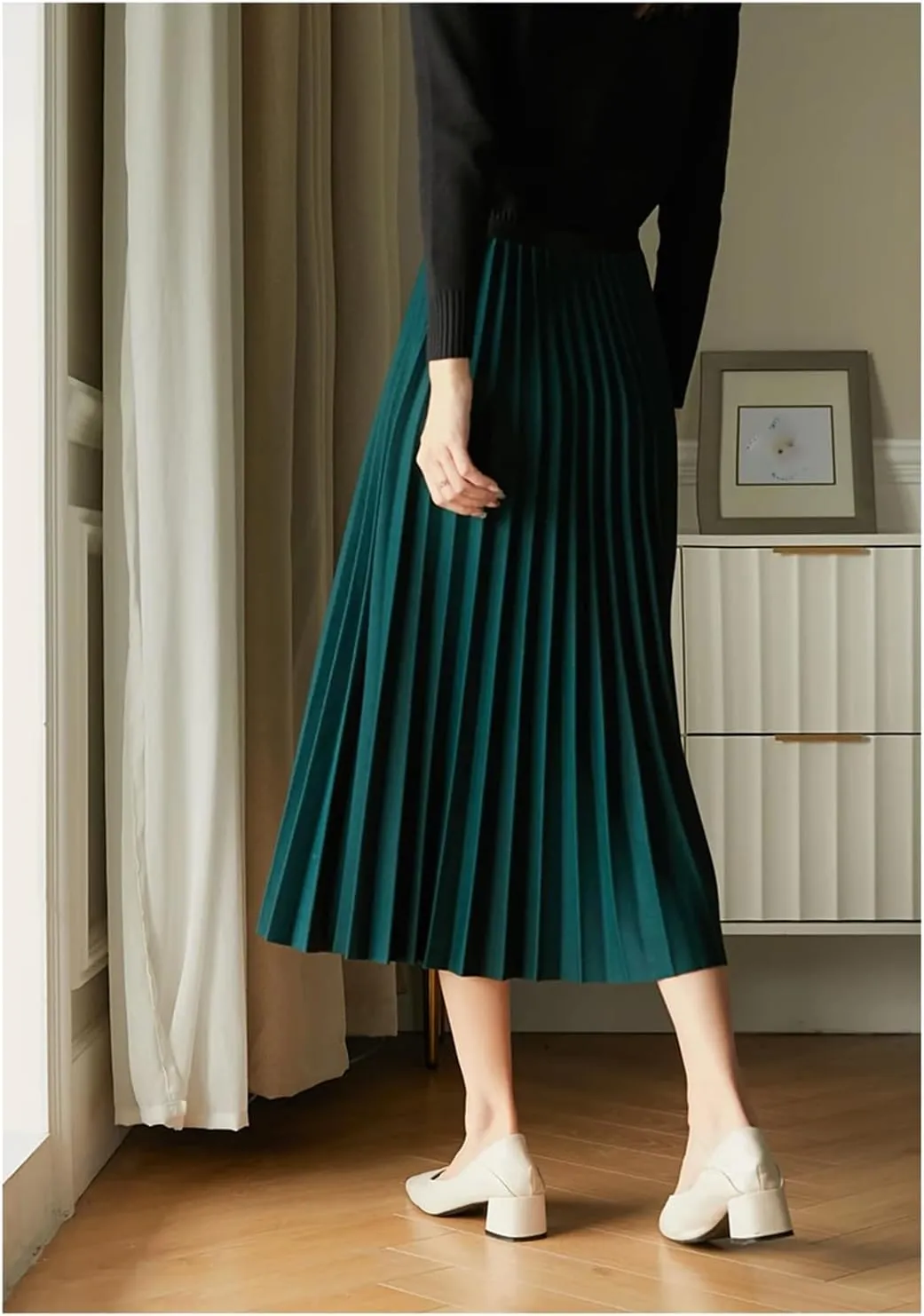 Women's Solid Vintage Pleated Skirt Elastic High Waist A-LINE Office Work Midi Long Skirt