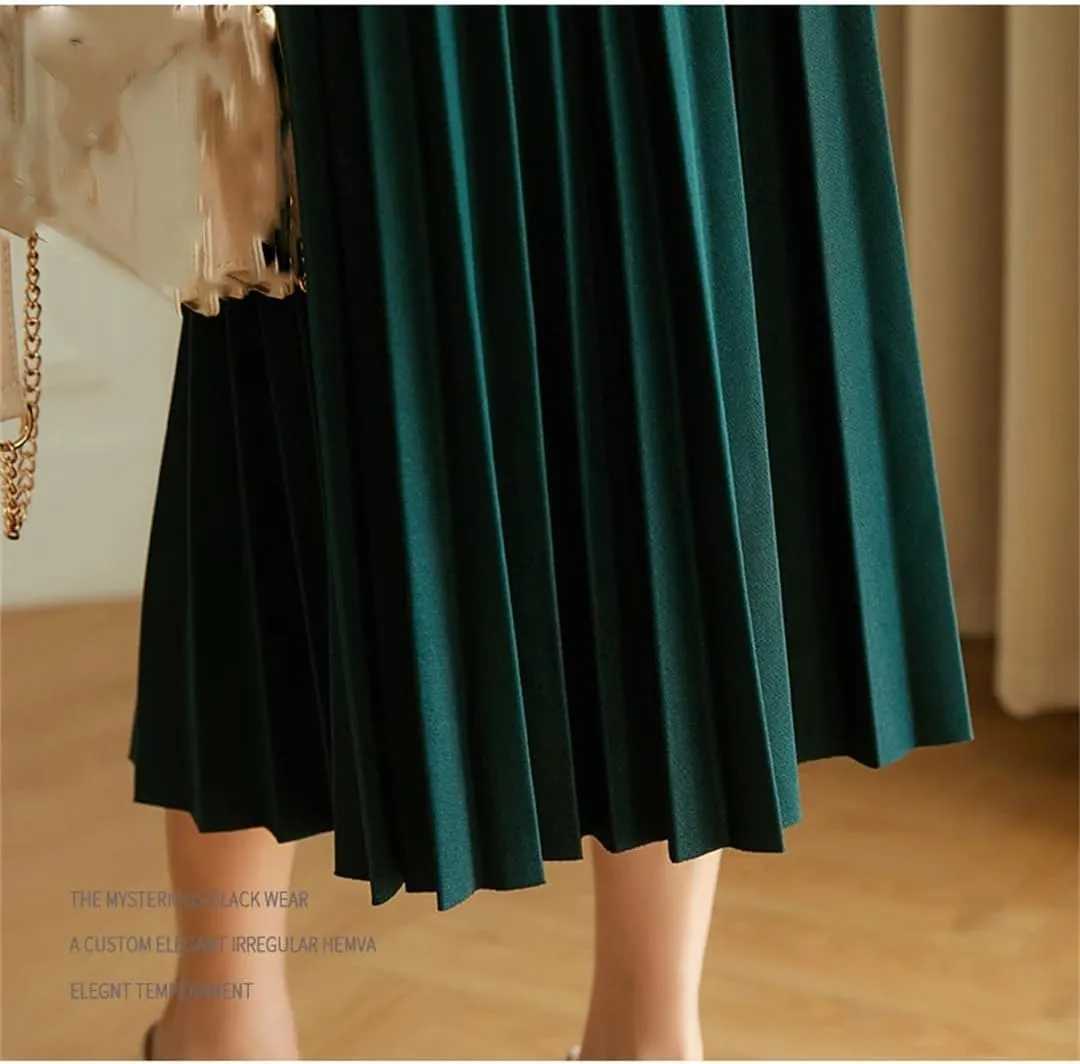 Women's Solid Vintage Pleated Skirt Elastic High Waist A-LINE Office Work Midi Long Skirt