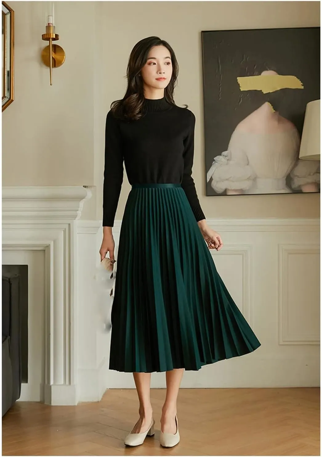 Women's Solid Vintage Pleated Skirt Elastic High Waist A-LINE Office Work Midi Long Skirt