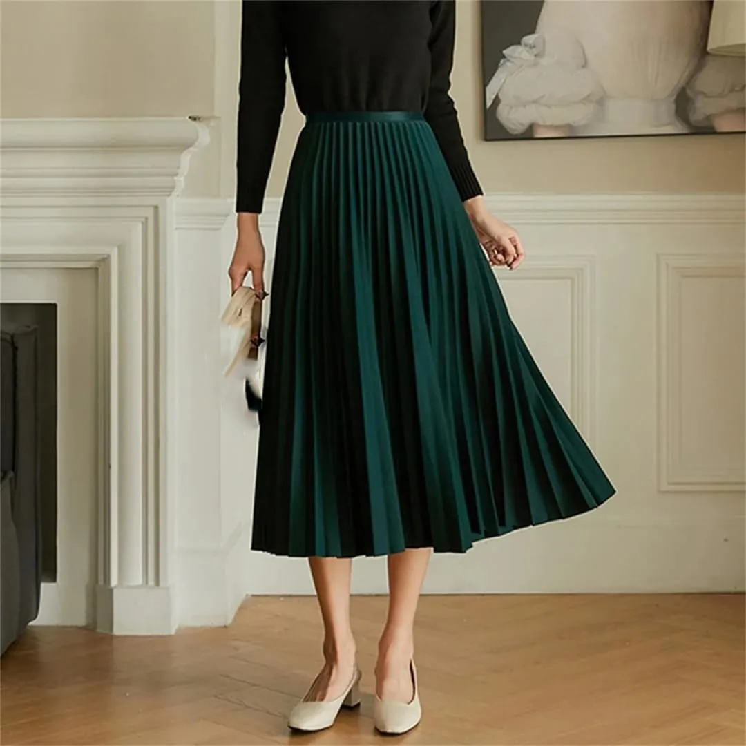 Women's Solid Vintage Pleated Skirt Elastic High Waist A-LINE Office Work Midi Long Skirt