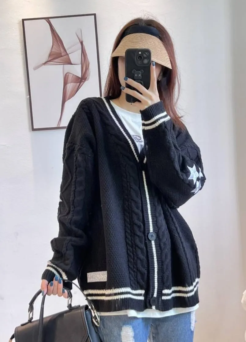 Women's Stars Print Oversized Solid Long Batwing Sleeve Casual Loose Cardigan Knit Open Front Sweater Coat