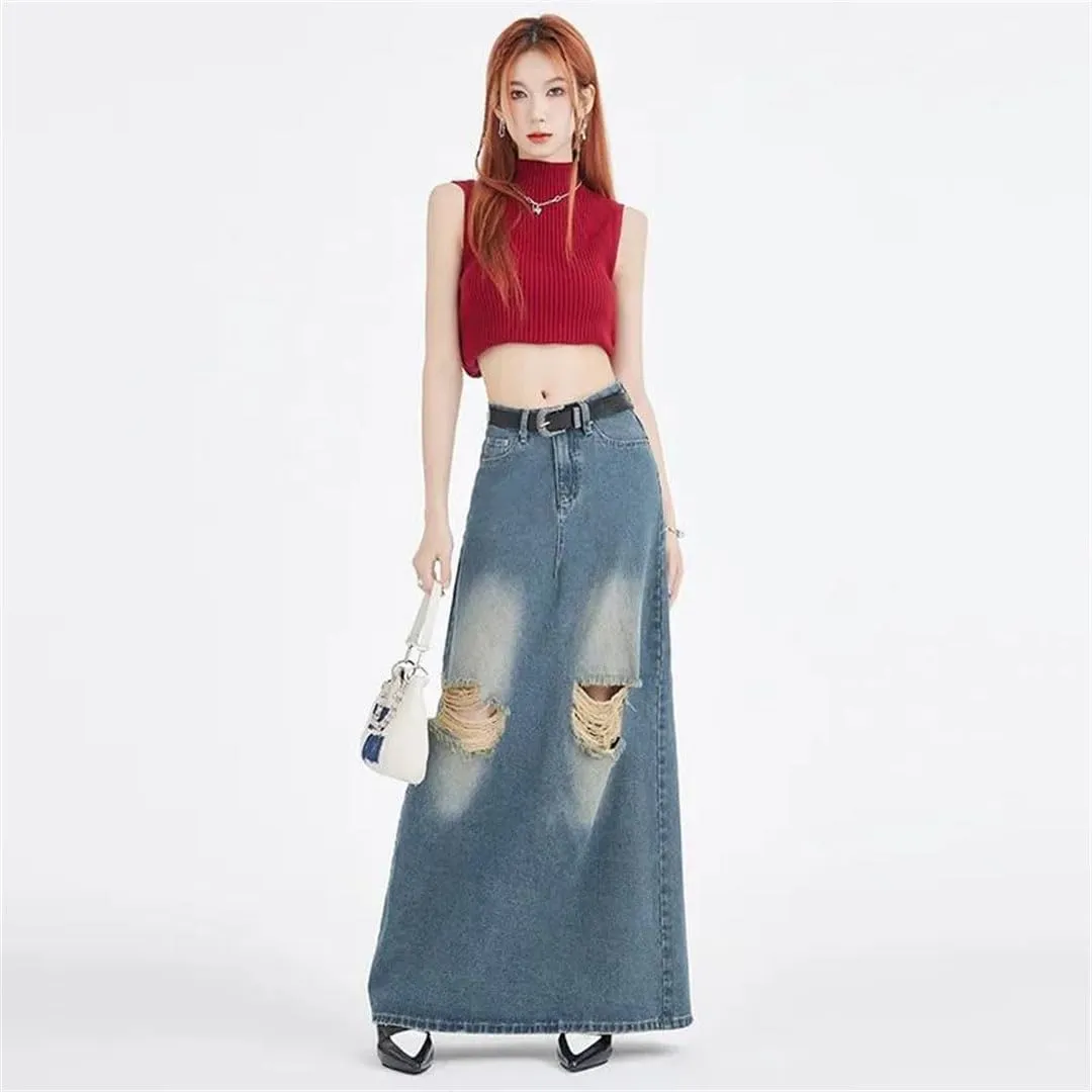 Women's Style High-Waisted Slimming Long Denim Skirt Large Pocket Dress