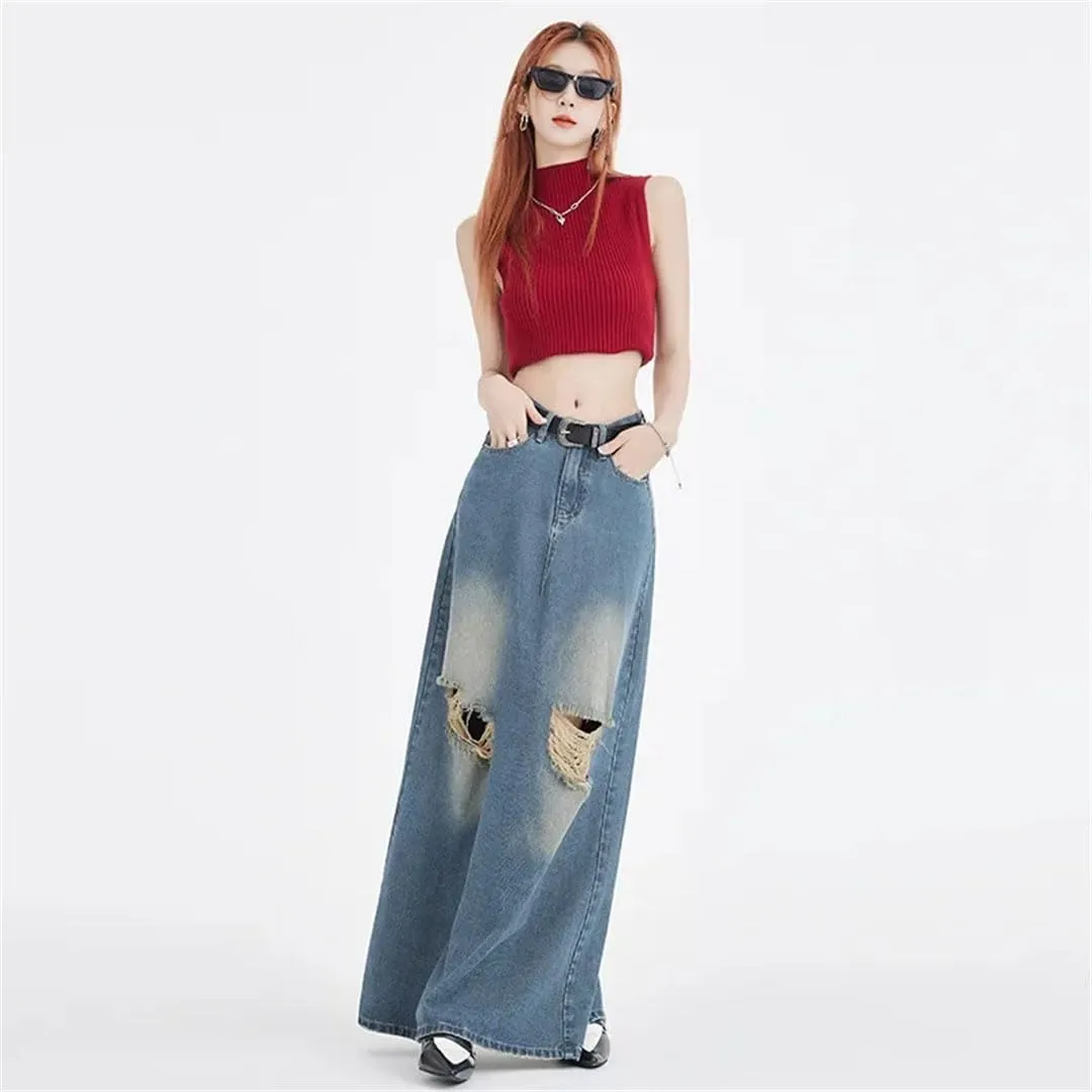 Women's Style High-Waisted Slimming Long Denim Skirt Large Pocket Dress