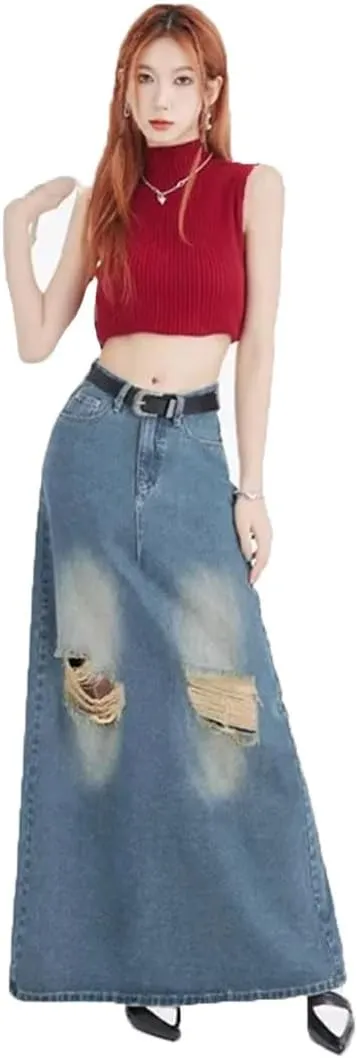 Women's Style High-Waisted Slimming Long Denim Skirt Large Pocket Dress