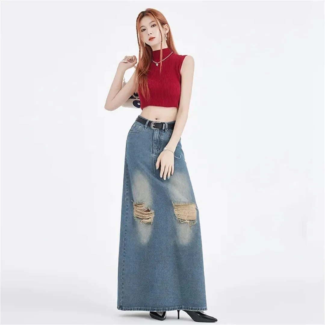 Women's Style High-Waisted Slimming Long Denim Skirt Large Pocket Dress