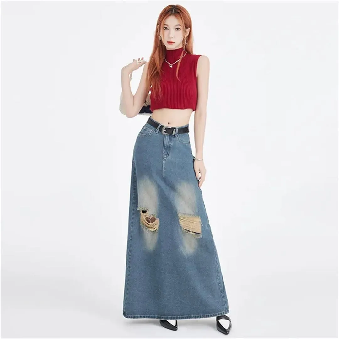 Women's Style High-Waisted Slimming Long Denim Skirt Large Pocket Dress