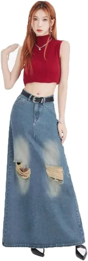 Women's Style High-Waisted Slimming Long Denim Skirt Large Pocket Dress