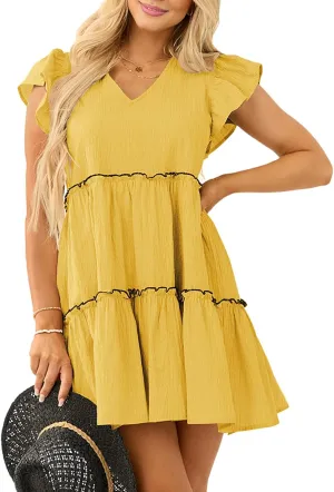 Womens Summer Babydoll Mini Dress V Neck Tie Back Ruffle Sleeve Casual Tiered Loose Flowy Swing Tunic Shift Dress