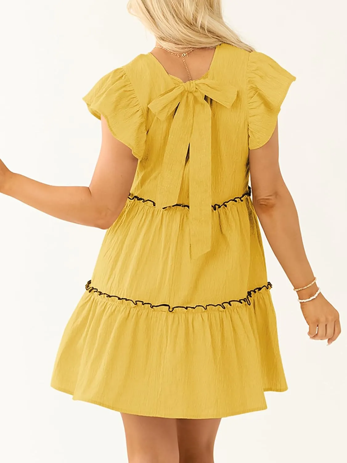 Womens Summer Babydoll Mini Dress V Neck Tie Back Ruffle Sleeve Casual Tiered Loose Flowy Swing Tunic Shift Dress