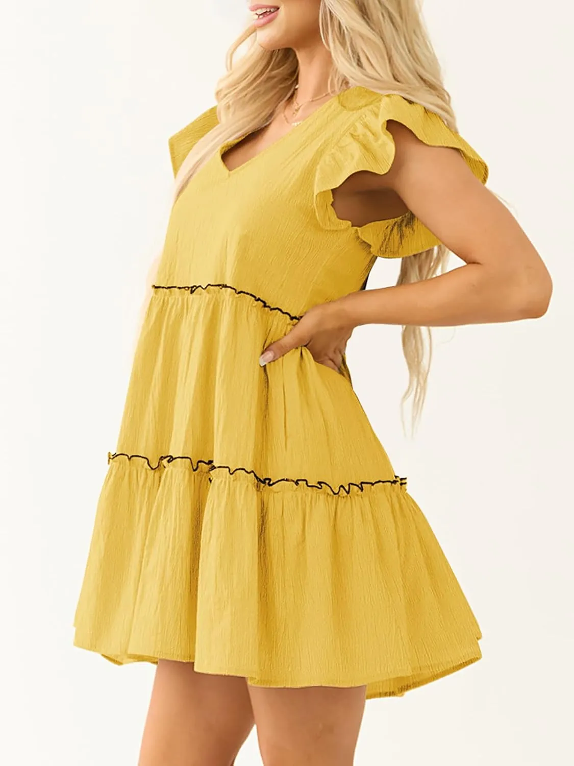 Womens Summer Babydoll Mini Dress V Neck Tie Back Ruffle Sleeve Casual Tiered Loose Flowy Swing Tunic Shift Dress