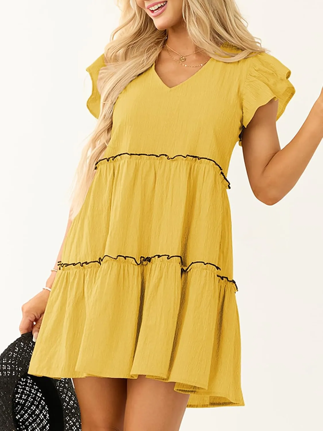 Womens Summer Babydoll Mini Dress V Neck Tie Back Ruffle Sleeve Casual Tiered Loose Flowy Swing Tunic Shift Dress