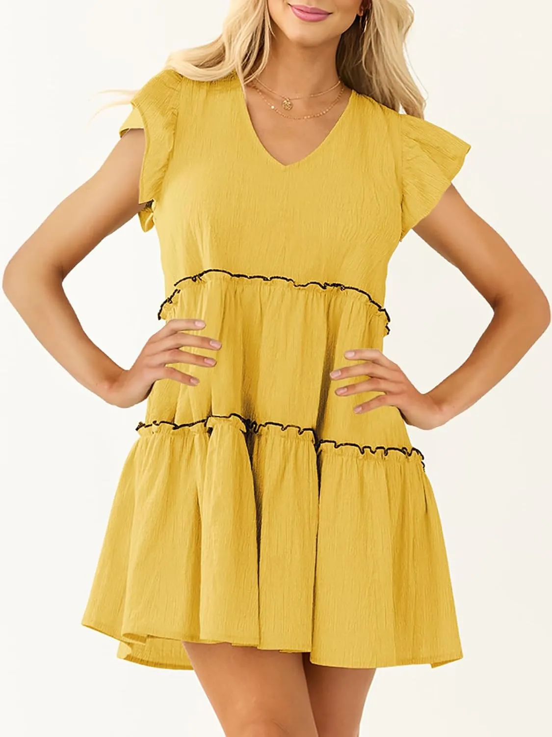 Womens Summer Babydoll Mini Dress V Neck Tie Back Ruffle Sleeve Casual Tiered Loose Flowy Swing Tunic Shift Dress