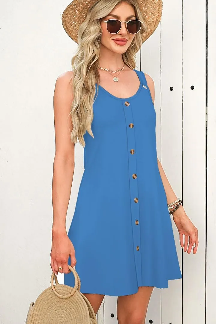 Womens Summer Dresses Scoop Neck O-Ring Shoulder Button Tank Sundress Casual Swing Short Dress