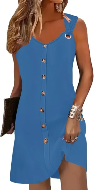 Womens Summer Dresses Scoop Neck O-Ring Shoulder Button Tank Sundress Casual Swing Short Dress