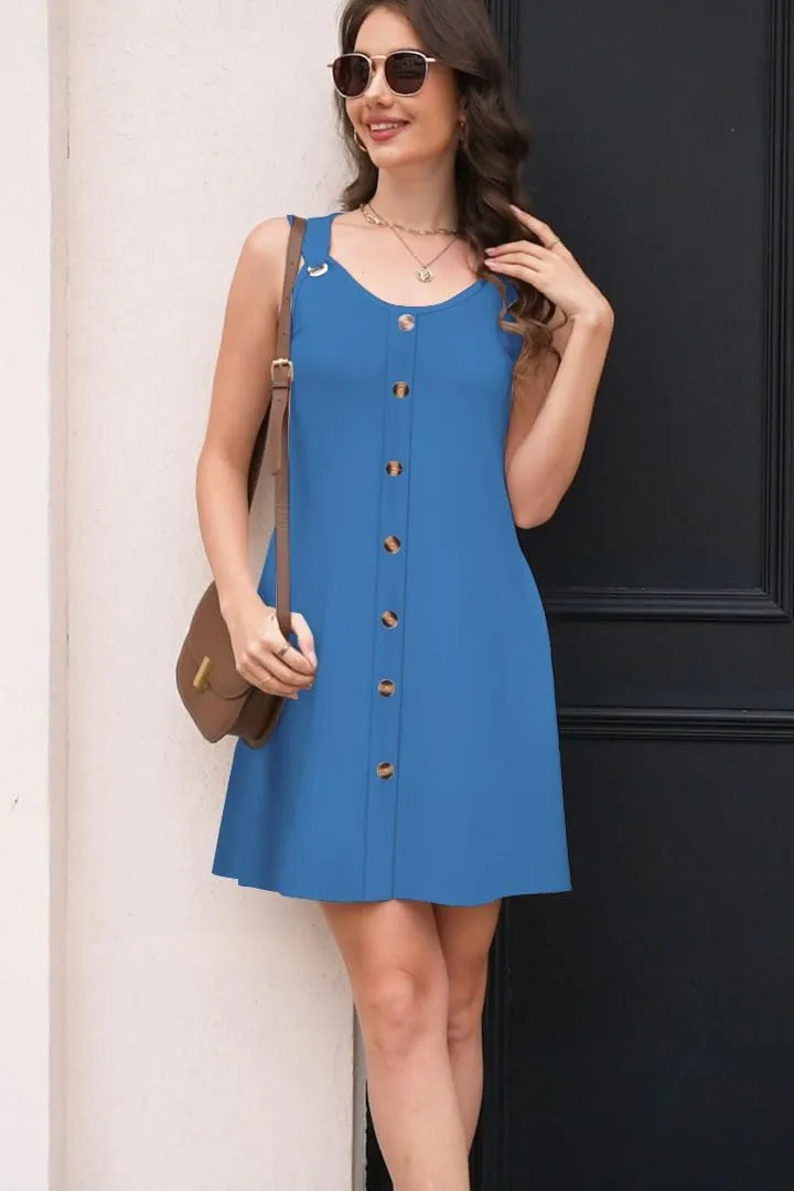 Womens Summer Dresses Scoop Neck O-Ring Shoulder Button Tank Sundress Casual Swing Short Dress
