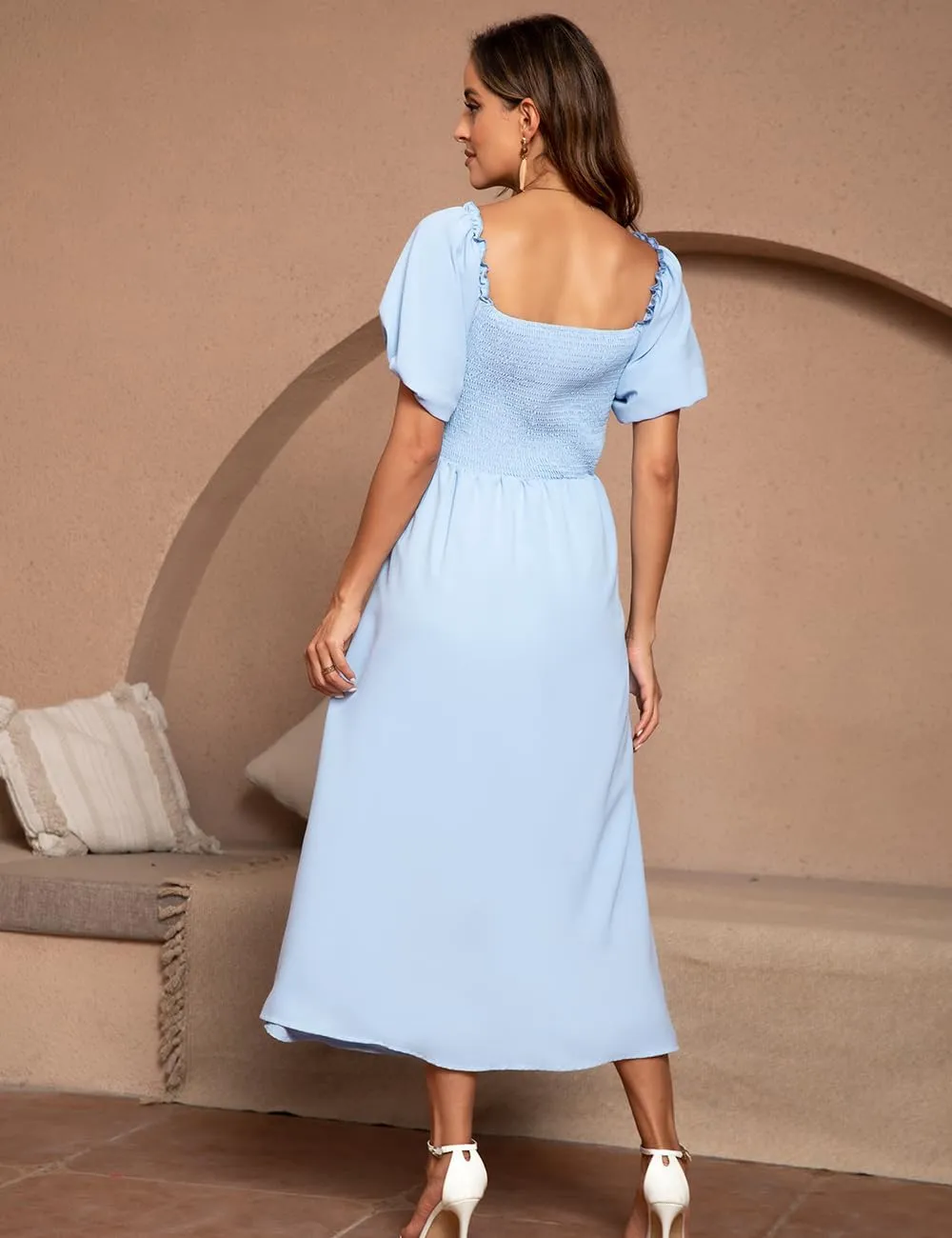 Women's Summer Puff Sleeve Short Dress High Waist Casual A-Line Dress Off Shoulder Knot Front Hollow Out Mini Dresses