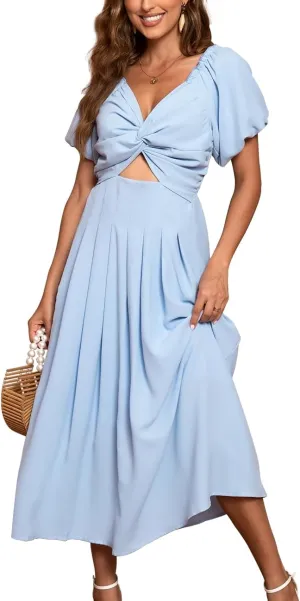 Women's Summer Puff Sleeve Short Dress High Waist Casual A-Line Dress Off Shoulder Knot Front Hollow Out Mini Dresses