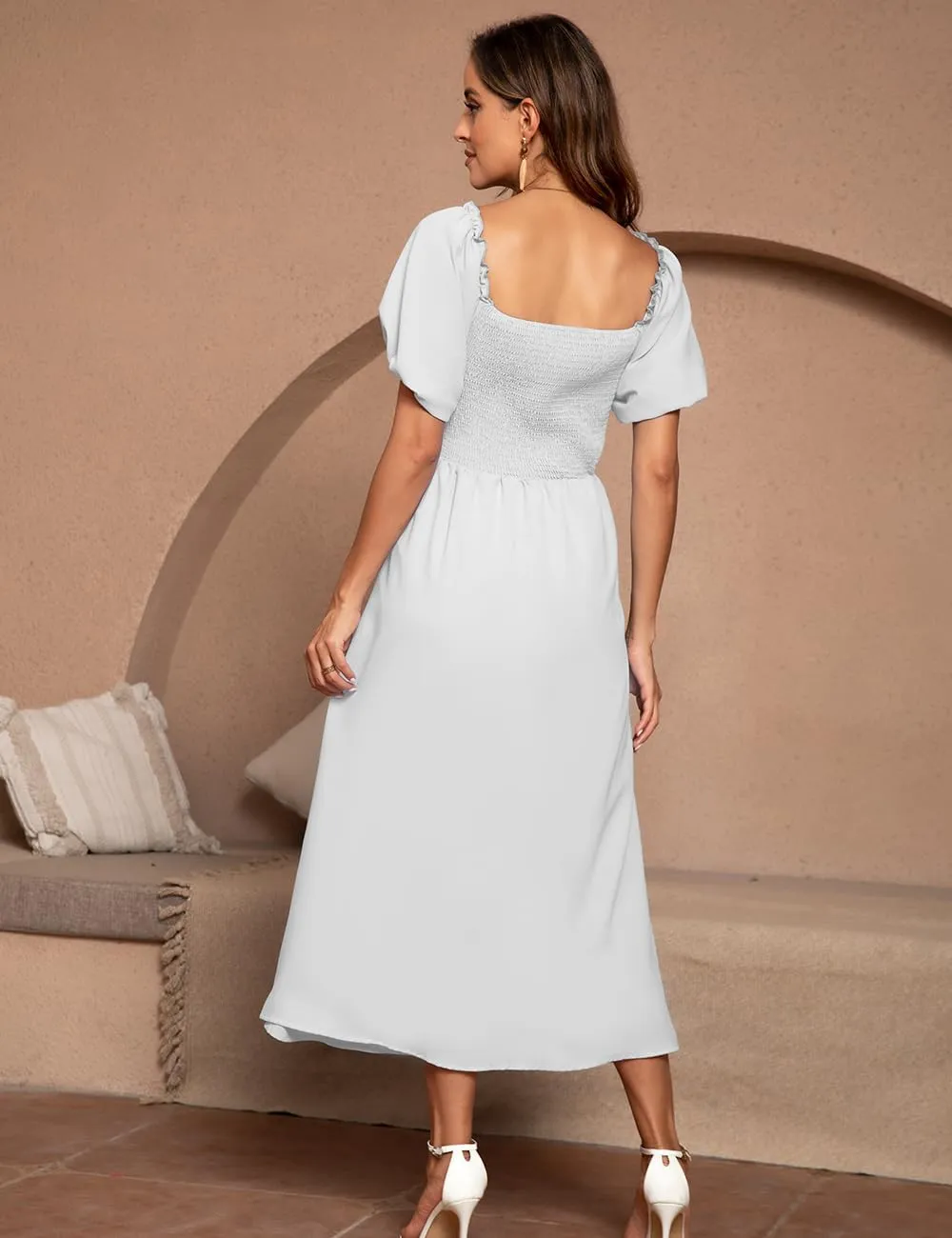 Women's Summer Puff Sleeve Short Dress High Waist Casual A-Line Dress Off Shoulder Knot Front Hollow Out Mini Dresses