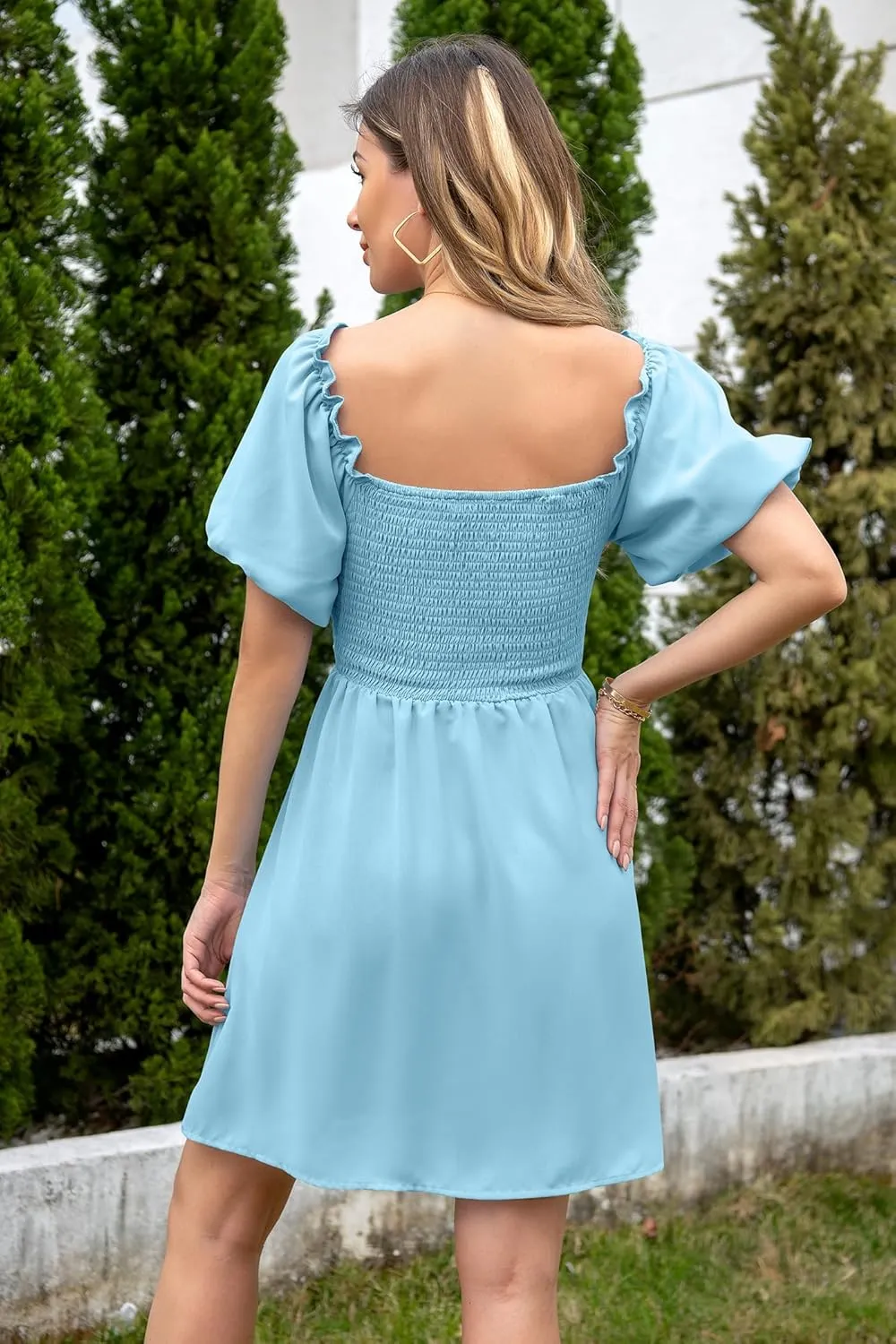 Women's Summer Puff Sleeve Short Dress High Waist Casual A-Line Dress Off Shoulder Knot Front Hollow Out Mini Dresses