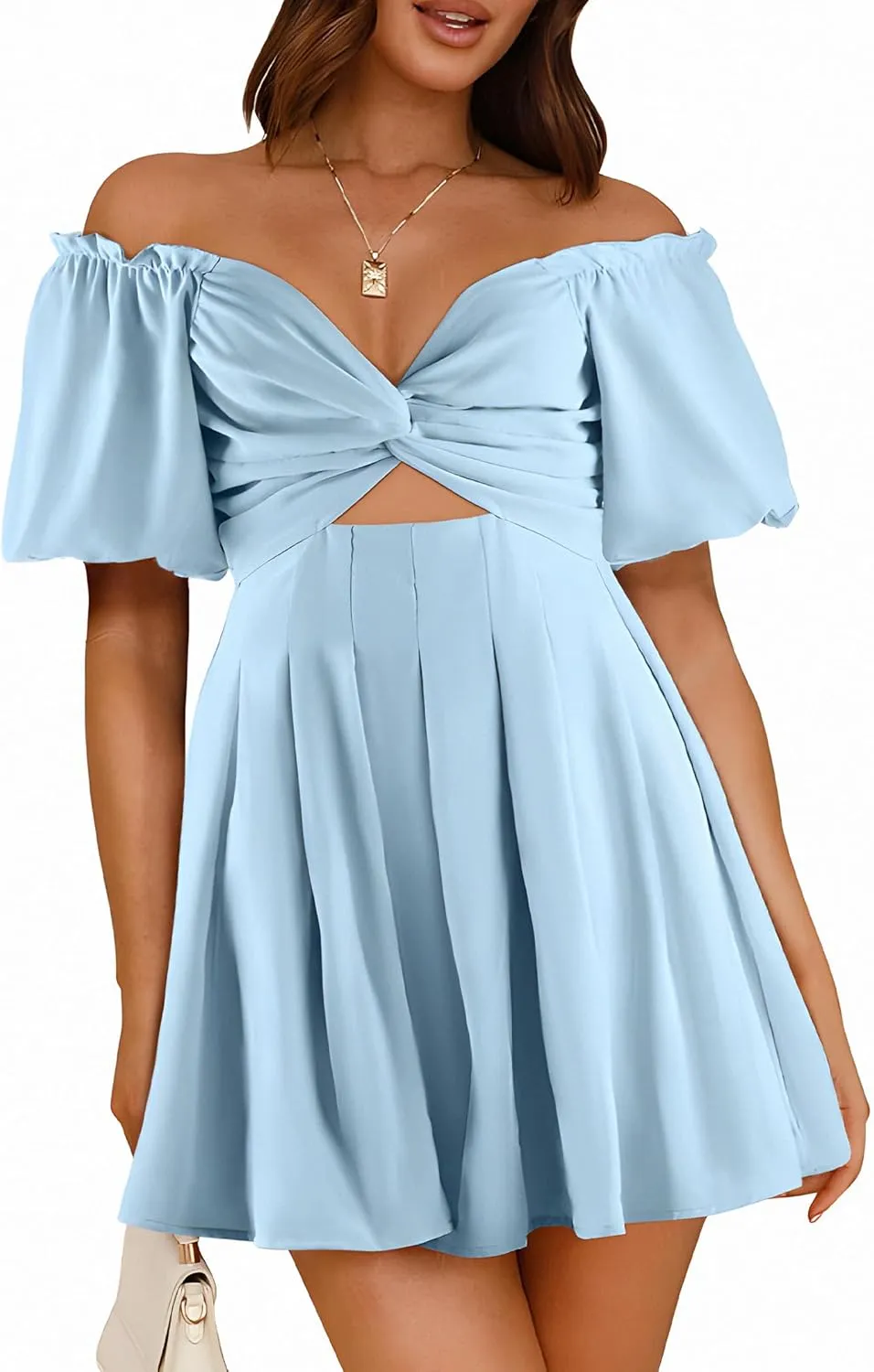 Women's Summer Puff Sleeve Short Dress High Waist Casual A-Line Dress Off Shoulder Knot Front Hollow Out Mini Dresses