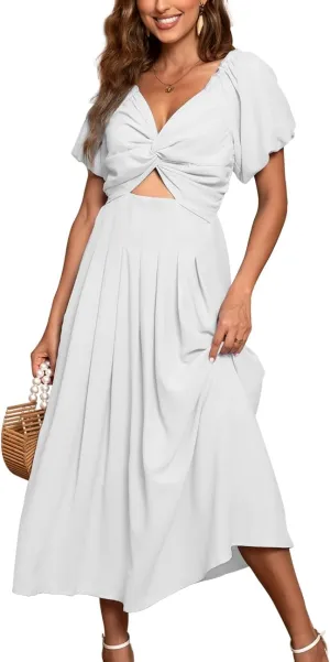 Women's Summer Puff Sleeve Short Dress High Waist Casual A-Line Dress Off Shoulder Knot Front Hollow Out Mini Dresses