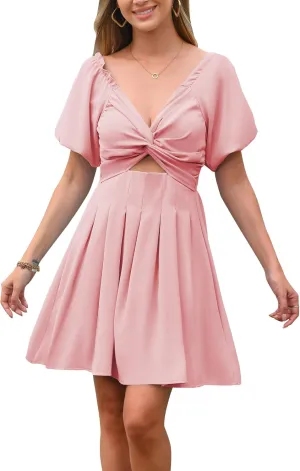 Women's Summer Puff Sleeve Short Dress High Waist Casual A-Line Dress Off Shoulder Knot Front Hollow Out Mini Dresses