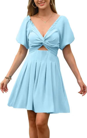 Women's Summer Puff Sleeve Short Dress High Waist Casual A-Line Dress Off Shoulder Knot Front Hollow Out Mini Dresses