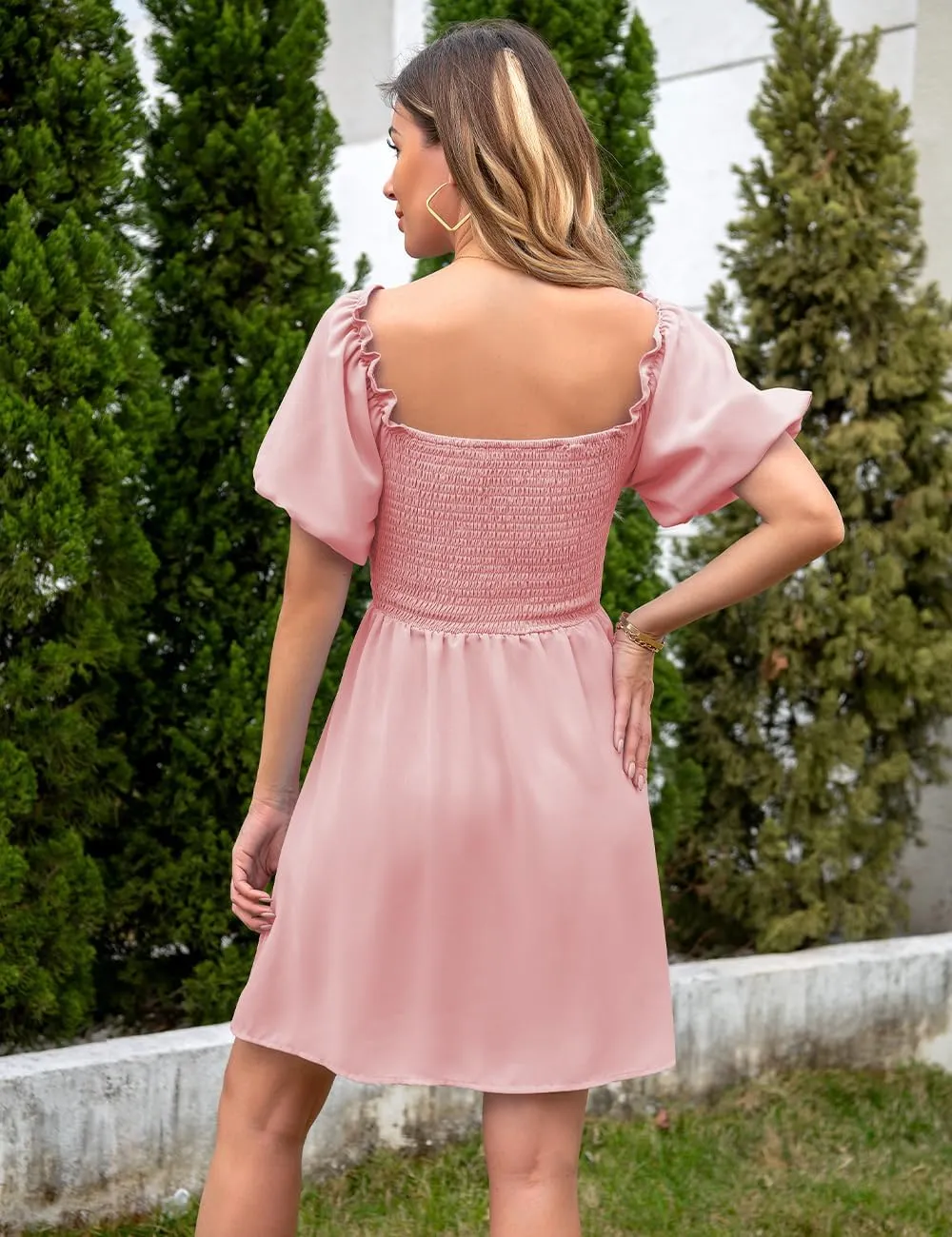 Women's Summer Puff Sleeve Short Dress High Waist Casual A-Line Dress Off Shoulder Knot Front Hollow Out Mini Dresses