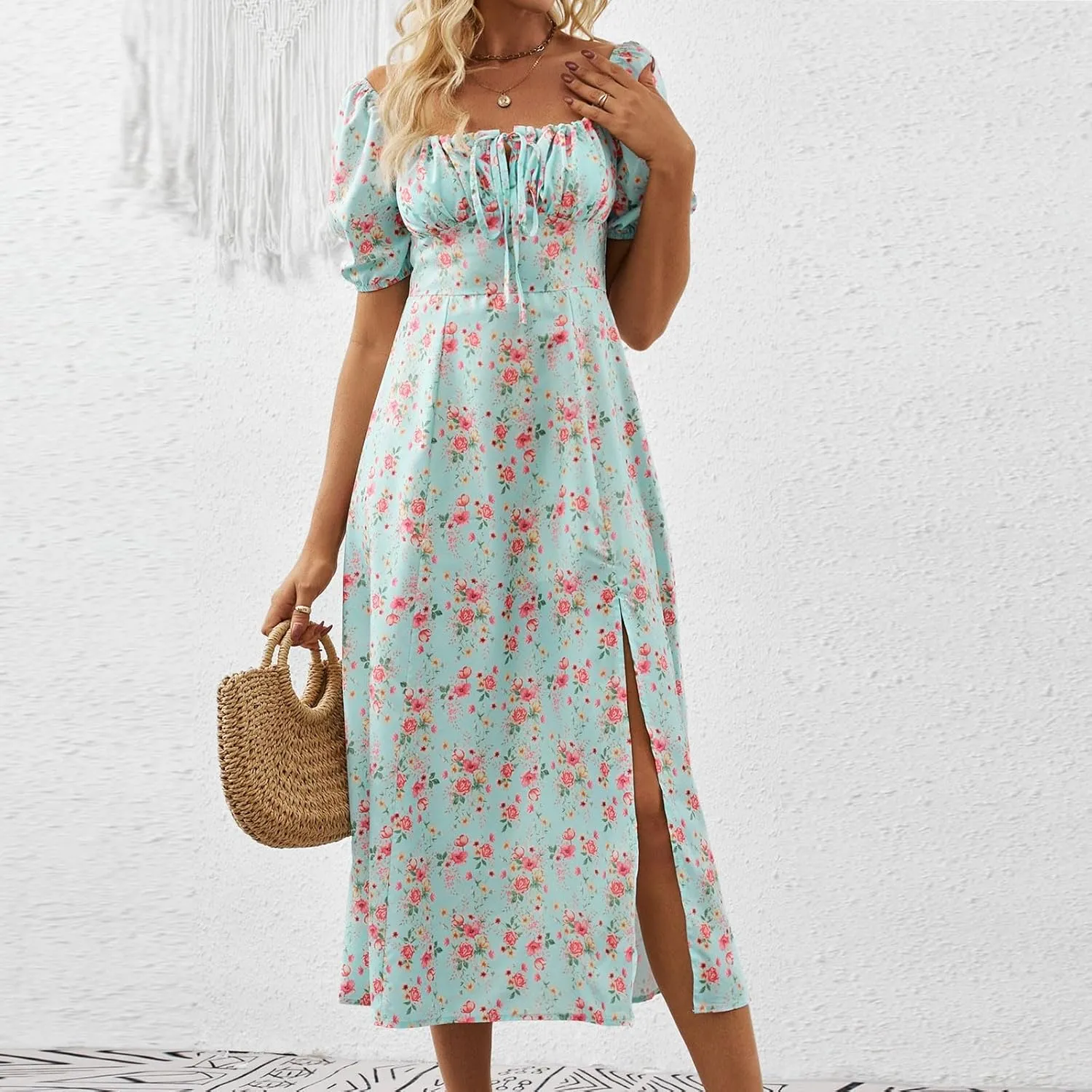 Womens Summer Square Neck Tie Front Sexy Midi Dress Floral Boho Ruffle Sleeve High Slit Flowy Vacation Tshirt Dress