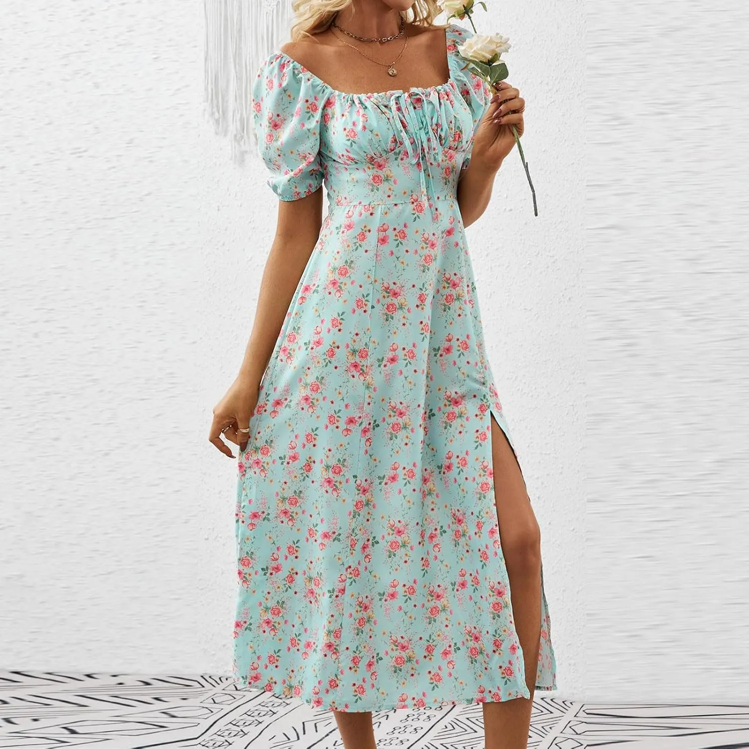 Womens Summer Square Neck Tie Front Sexy Midi Dress Floral Boho Ruffle Sleeve High Slit Flowy Vacation Tshirt Dress