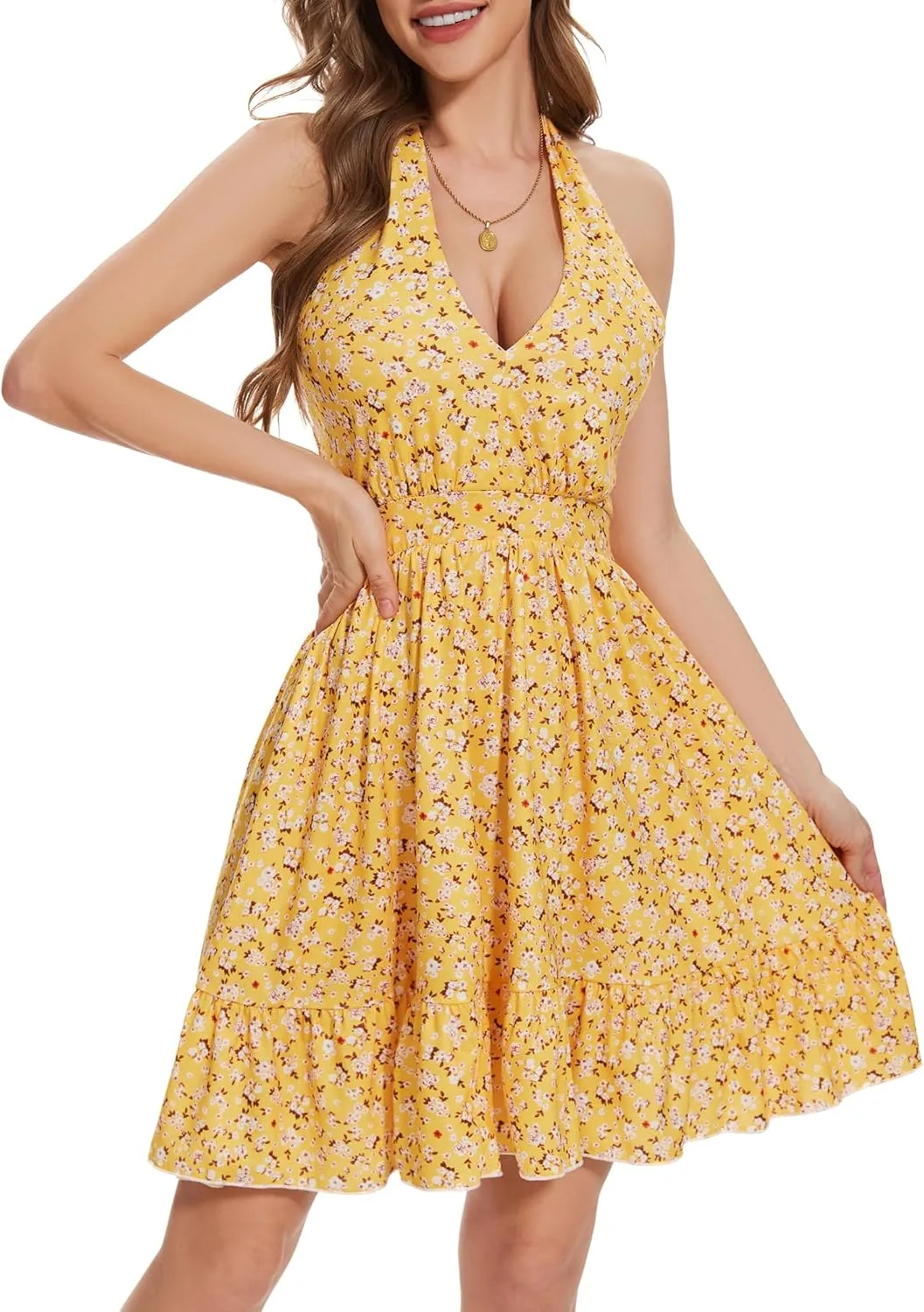 Women's Summer Sundress Sexy Halter V Neck Sleeveless Floral Ruffle Hem Boho Sun Dresses for Women Spring Mini Dress