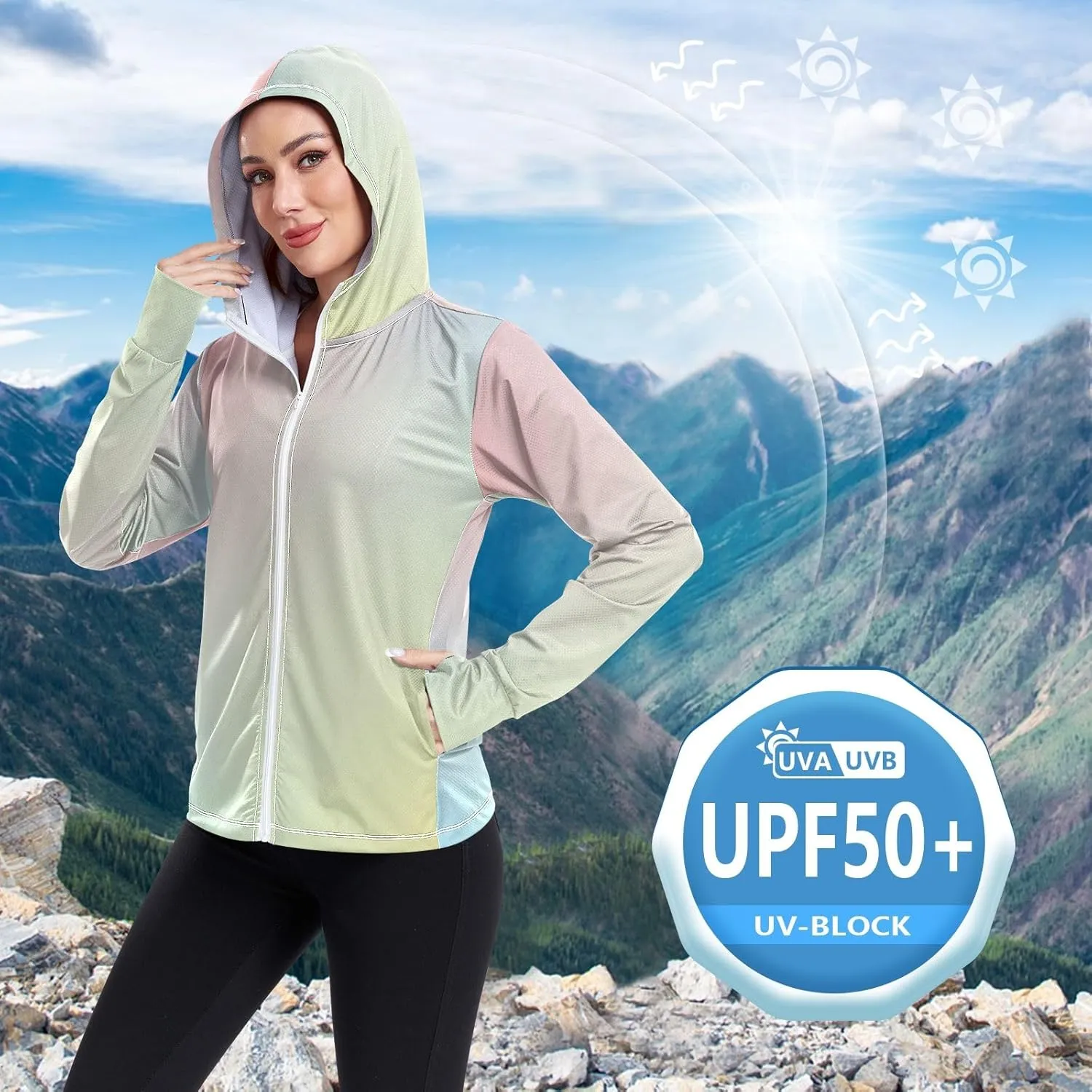 Womens Sun Protection Shirts Gradient Blue Green Women's Hoodie Rash Guard Womens SPF 50 Shirts Long Sleeve Lightweight