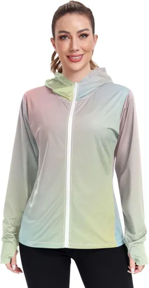 Womens Sun Protection Shirts Gradient Blue Green Women's Hoodie Rash Guard Womens SPF 50 Shirts Long Sleeve Lightweight