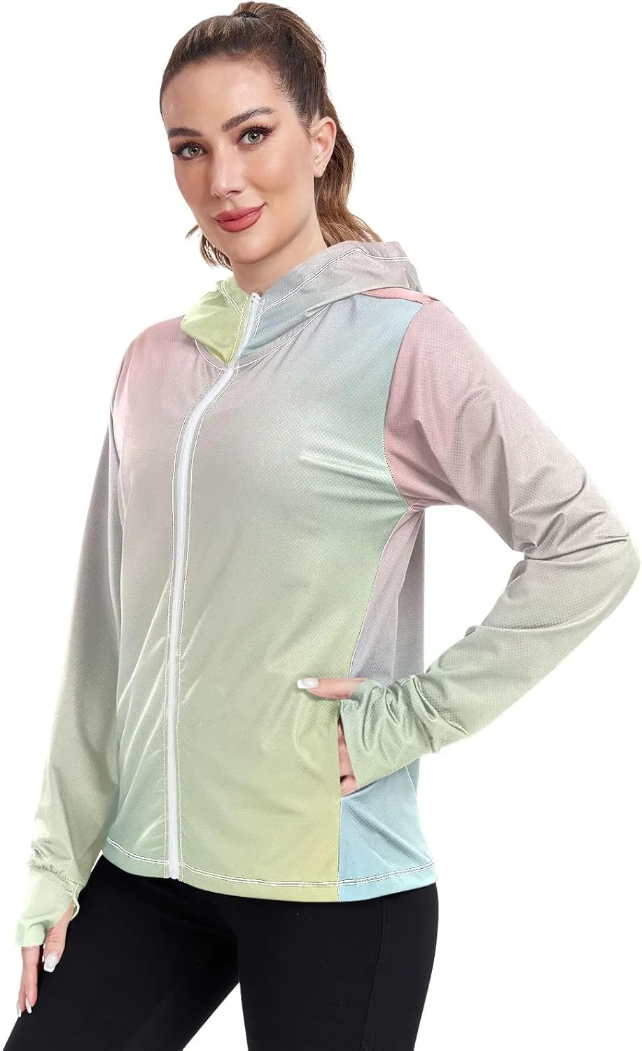 Womens Sun Protection Shirts Gradient Blue Green Women's Hoodie Rash Guard Womens SPF 50 Shirts Long Sleeve Lightweight