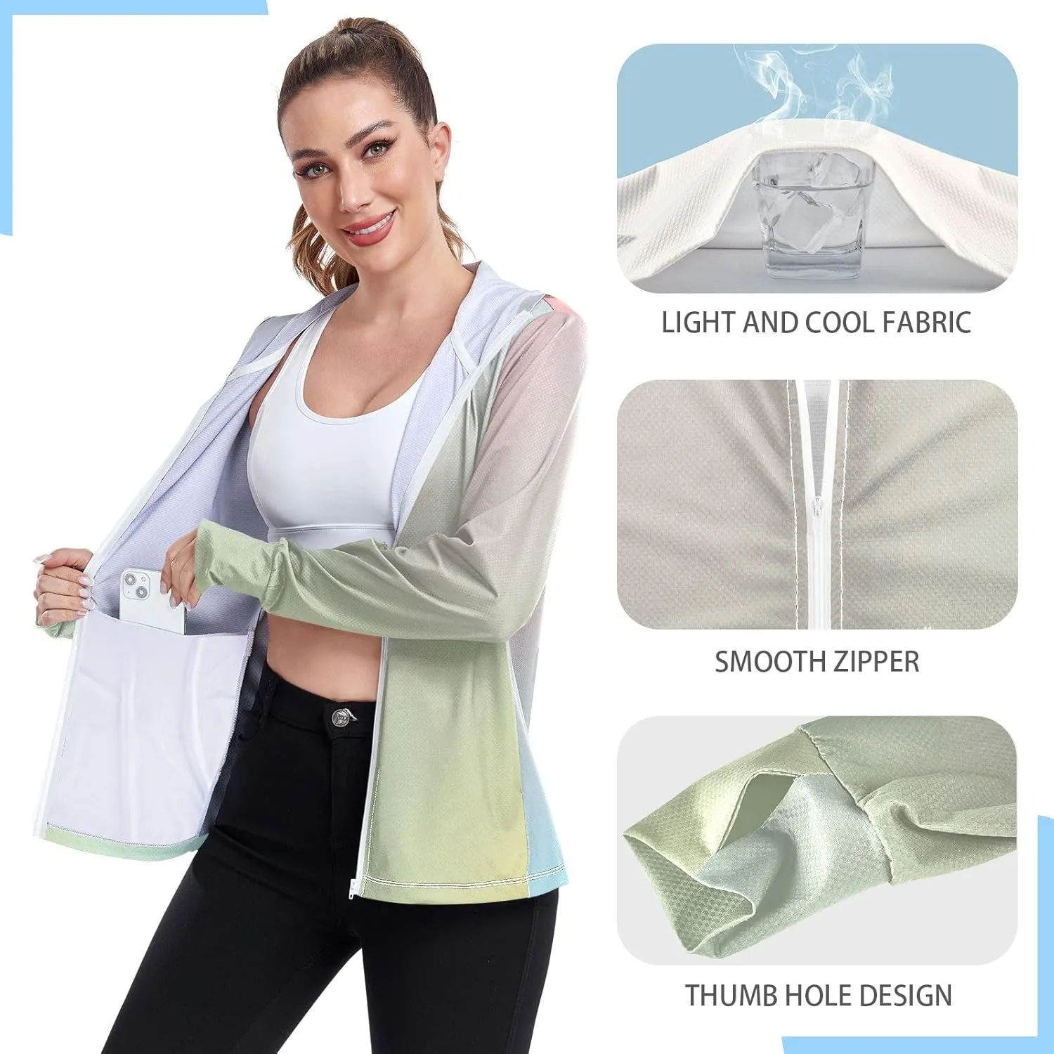 Womens Sun Protection Shirts Gradient Blue Green Women's Hoodie Rash Guard Womens SPF 50 Shirts Long Sleeve Lightweight