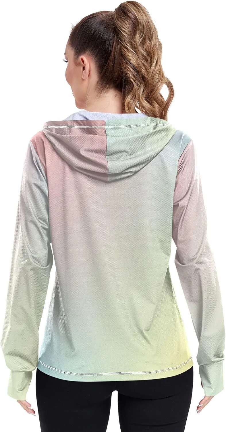 Womens Sun Protection Shirts Gradient Blue Green Women's Hoodie Rash Guard Womens SPF 50 Shirts Long Sleeve Lightweight