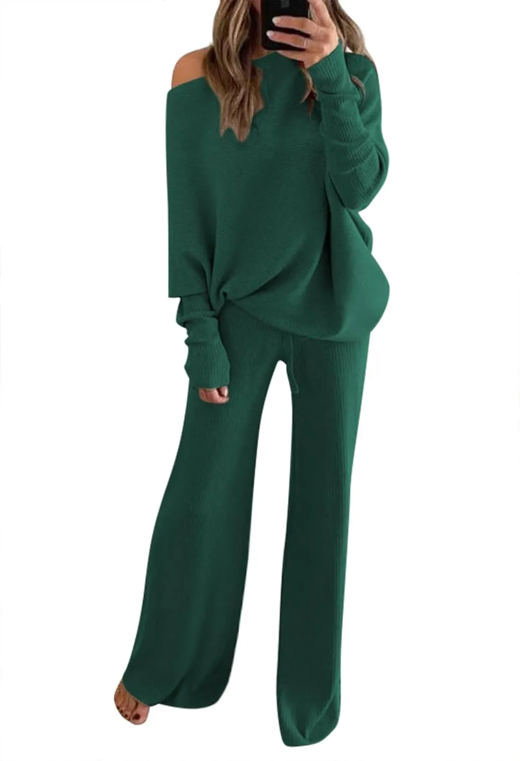Womens Sweater Top Long Pant Set One Shoulder Knit Pullover with Wide Leg Pants 2 Piece Sweatsuit Loungewear Dark Green S