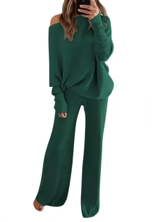 Womens Sweater Top Long Pant Set One Shoulder Knit Pullover with Wide Leg Pants 2 Piece Sweatsuit Loungewear Dark Green S