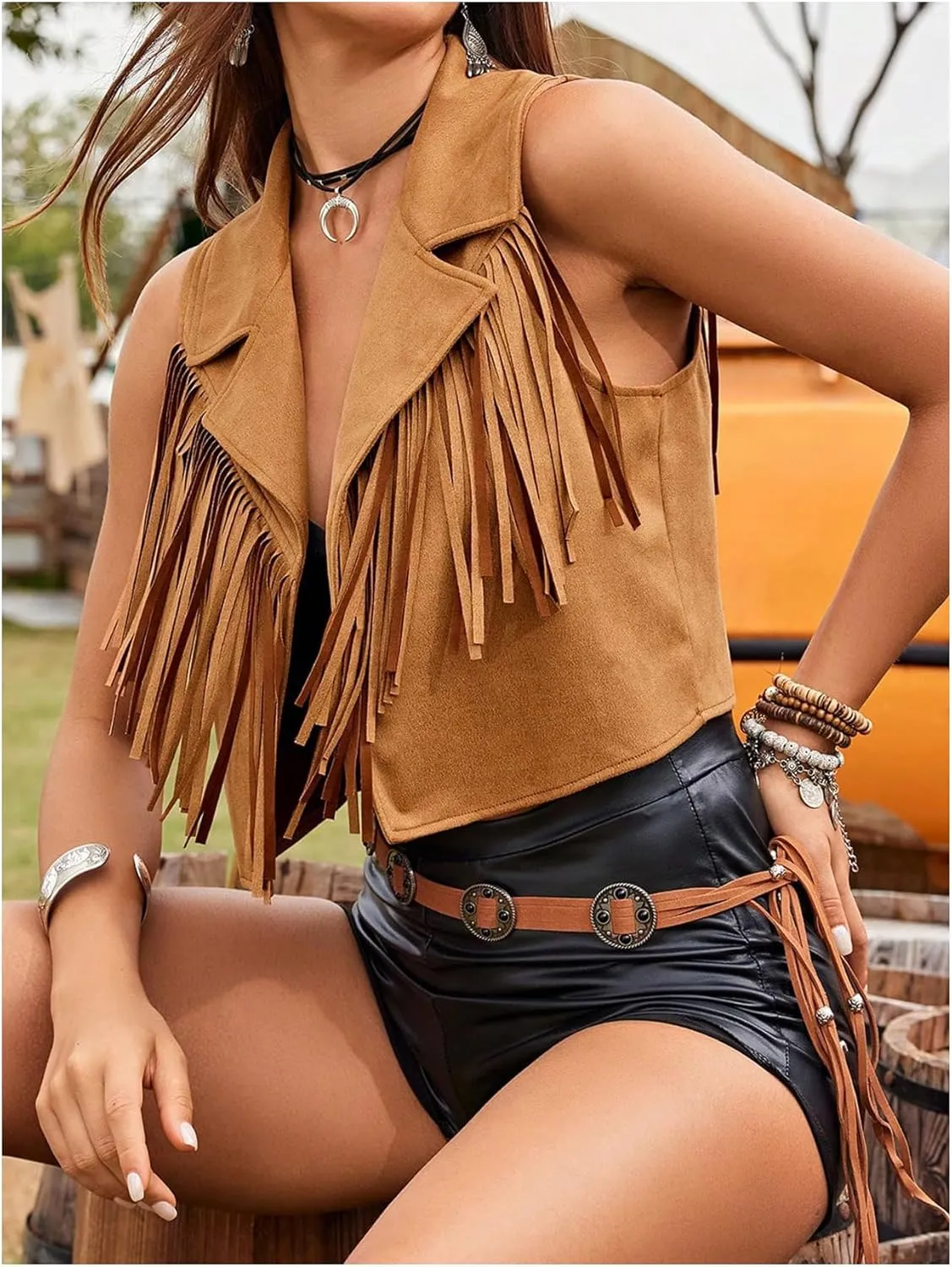 Women's Tassel Vest 70s Hippie Faux Jacket Open Front Fringe Sleeveless Crop Vest Cowgirl Outfit