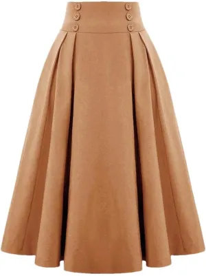 Women's Vintage Casual Long A-Line High Waist Skirt Double Breasted Large Swing Pleated Skirt