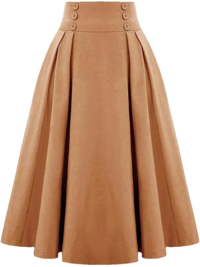 Women's Vintage Casual Long A-Line High Waist Skirt Double Breasted Large Swing Pleated Skirt