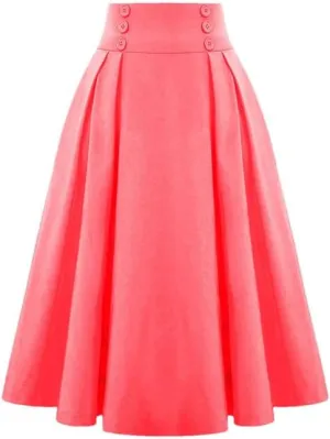 Women's Vintage Casual Long A-Line High Waist Skirt Elegant Double Breasted Large Swing Pleated Skirt